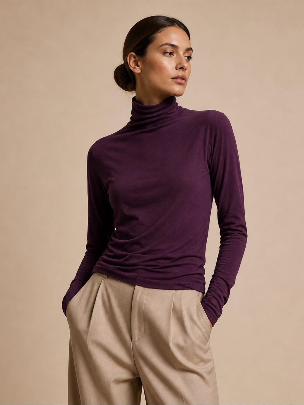 Newport News Burgundy Turtleneck Long Sleeve Top Women Medium Fitted Basic